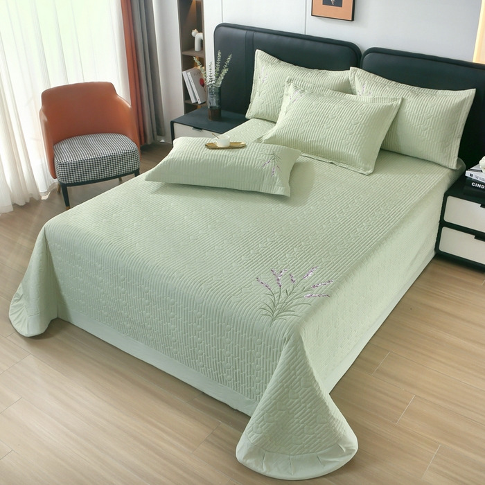 91家纺网 家纺一手货源 找家纺 OL家纺2025新款玉锦缎纯色床盖三件套-薰衣草 苹果绿
