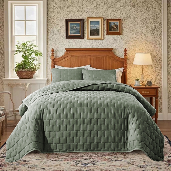 91家纺网 家纺一手货源 找家纺 温宁2025新款 跨境外贸专供山字格床盖 绿色