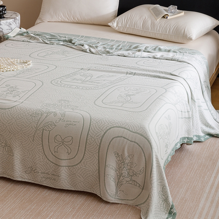 91家纺网 家纺一手货源 找家纺 朴尔家纺-2025年新款柔滑竹纤维双层纱布冷感毯毛巾被 水纹玫瑰-绿