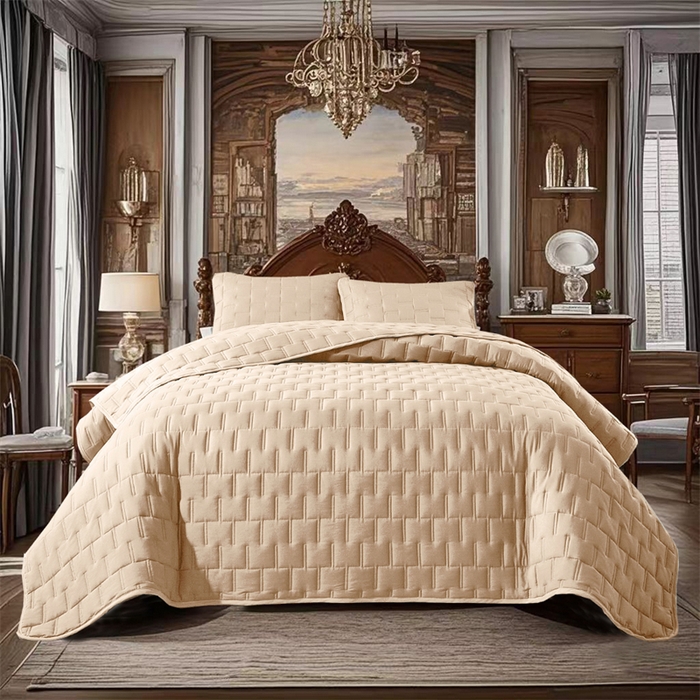 91家纺网 家纺一手货源 找家纺 温宁2025新款 跨境外贸专供山字格床盖 米色