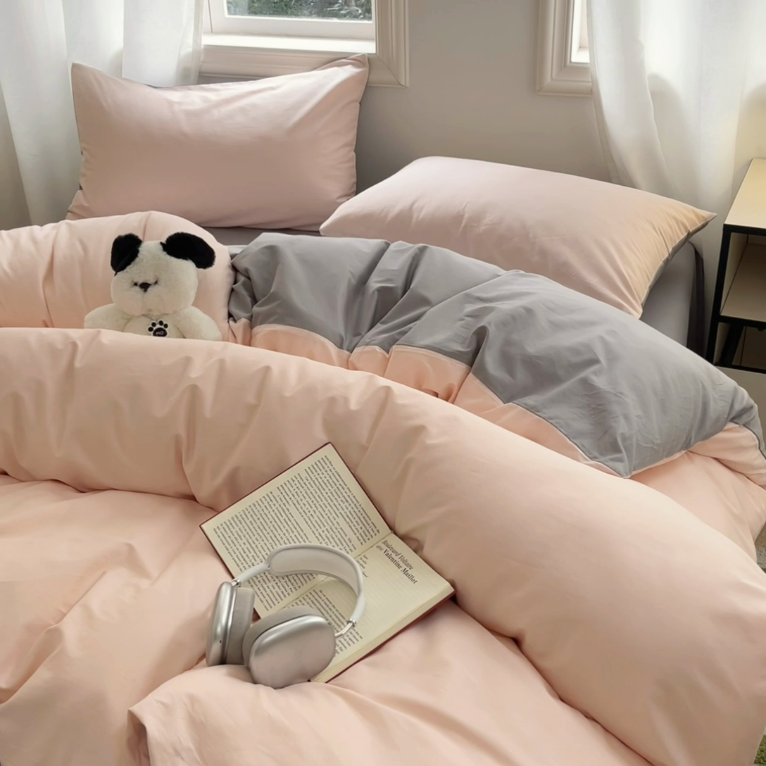 91家纺网 家纺一手货源 找家纺 泽西家纺2025新款A类全棉双拼纯色纯棉单被套 樱粉+深灰