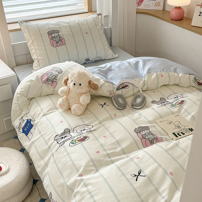 91家纺网 家纺一手货源 找家纺 慕尚家纺 2025新款全棉印花学生三件套套件 书生猫咪