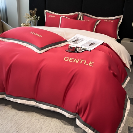 首尔家纺 2025水洗真丝四件套宽边款布达佩斯系列 布达佩斯-大红拼米咖