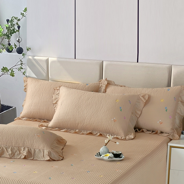 91家纺网 家纺一手货源 找家纺 OL家纺2025新款天丝床盖三件套系列-清新交响曲 枣栗色