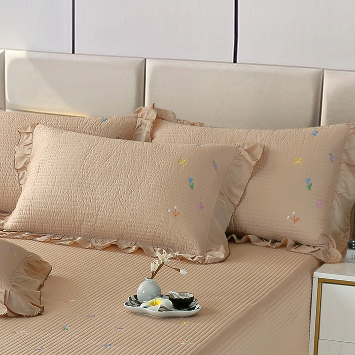 91家纺网 家纺一手货源 找家纺 OL家纺2025新款天丝床盖三件套系列-清新交响曲 枣栗色