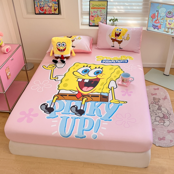 91家纺网 家纺一手货源 找家纺 金爱家2025新款全棉大版单品-床笠 棉单品-爱喝海绵宝宝粉