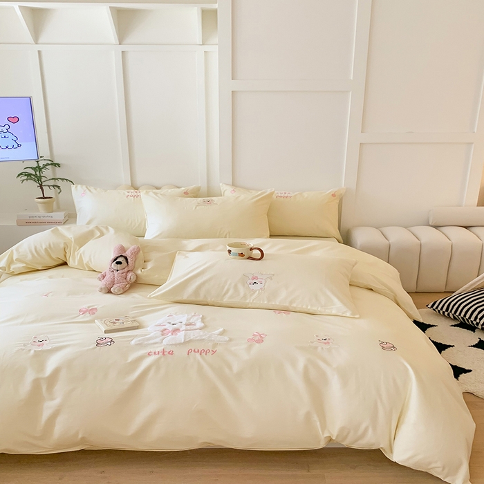 91家纺网 家纺一手货源 找家纺 蜜柚2025新款全棉纯棉贴布绣四件套 西高地-奶白