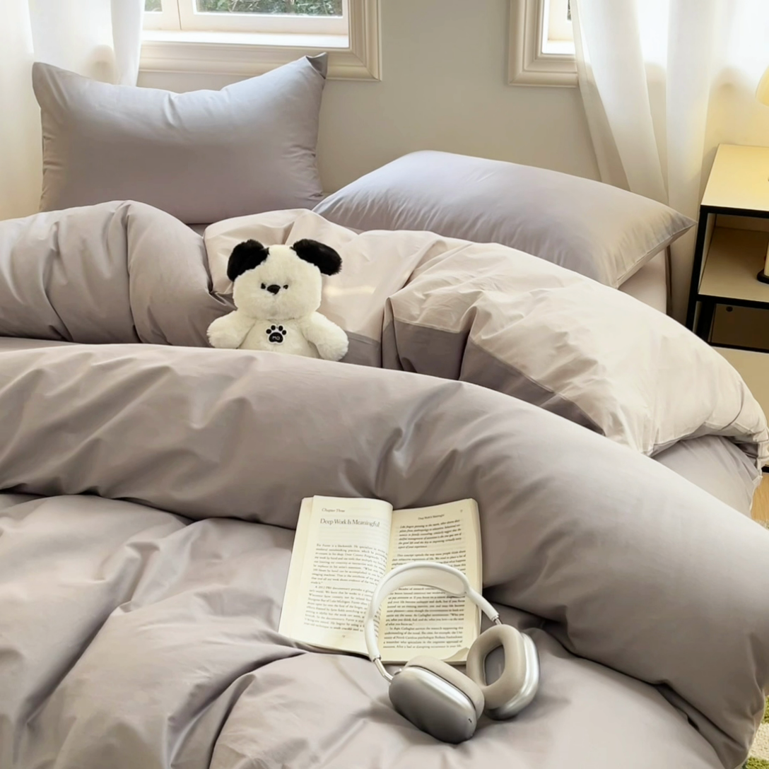 91家纺网 家纺一手货源 找家纺 泽西家纺2025新款A类全棉双拼纯色纯棉单被套 深灰+浅灰