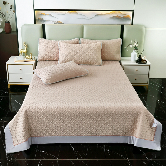 91家纺网 家纺一手货源 找家纺 OL家纺2025新款凉感丝夏被床盖款三件套 奶茶色