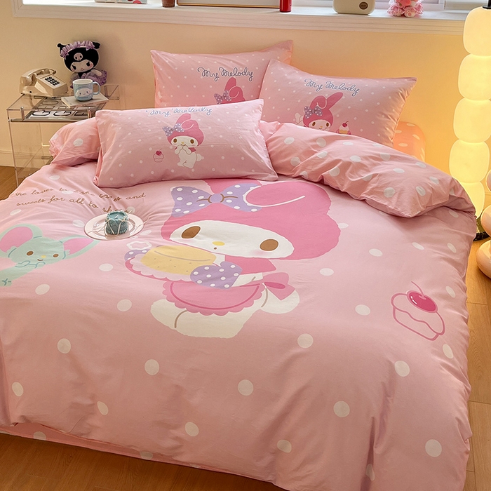 91家纺网 家纺一手货源 找家纺 蓝邻家纺 2025新款全棉大版三丽鸥四件套系列 蛋糕美乐蒂