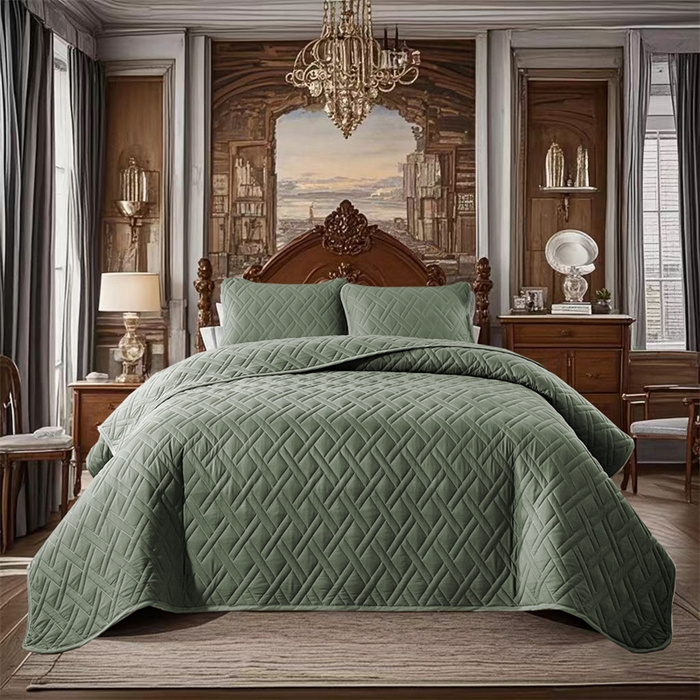 91家纺网 家纺一手货源 找家纺 温宁2025新款 跨境外贸专供直线格床盖 绿色