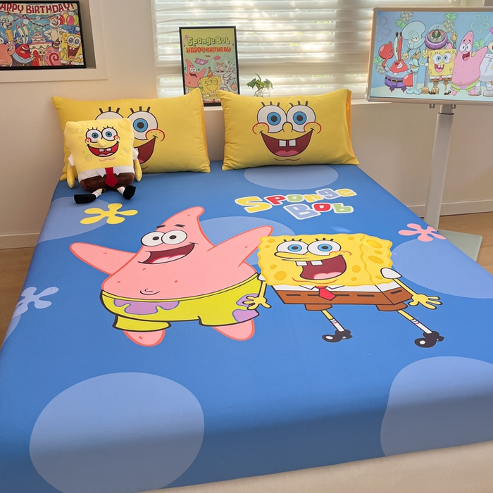 91家纺网 家纺一手货源 找家纺 金爱家2025新款全棉大版单品-床笠 棉单品-蓝蓝海绵宝宝