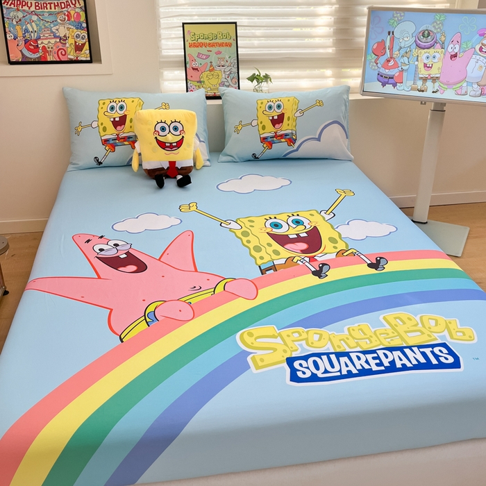 91家纺网 家纺一手货源 找家纺 金爱家2025新款全棉大版单品-床笠 棉单品-彩虹海绵宝宝