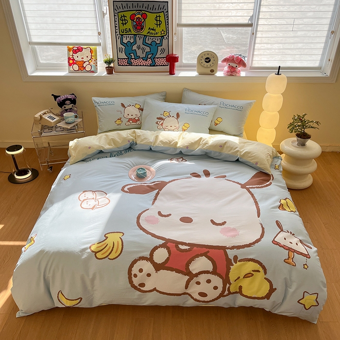 91家纺网 家纺一手货源 找家纺 蓝邻家纺 2025新款全棉大版三丽鸥四件套系列 呆萌帕恰狗