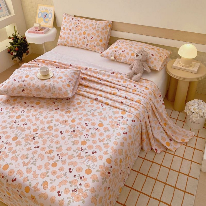 91家纺网 家纺一手货源 找家纺 ME/ERA HOME寐时代 2025新款全棉老粗布床单款三件套 全棉卡通-橙意满满