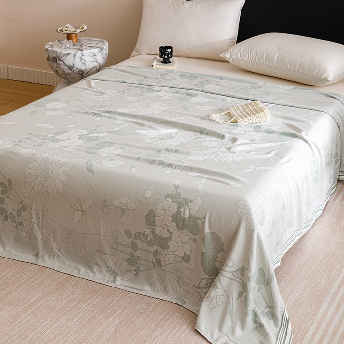 91家纺网 家纺一手货源 找家纺 朴尔家纺-2025年新款柔滑竹纤维双层纱布冷感毯毛巾被 浅花漫-绿