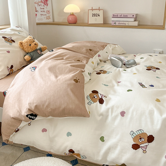 91家纺网 家纺一手货源 找家纺 慕尚家纺 2025新款全棉印花学生三件套套件 彩色爱心狗