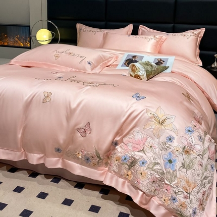 91家纺网 家纺一手货源 找家纺 爱家（原缔乐家纺） 2025新款雪莲天丝四件套-花开浪漫 花开浪漫-公主粉