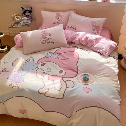 蓝邻家纺 2025新款全棉大版三丽鸥四件套系列 粉兔亲亲