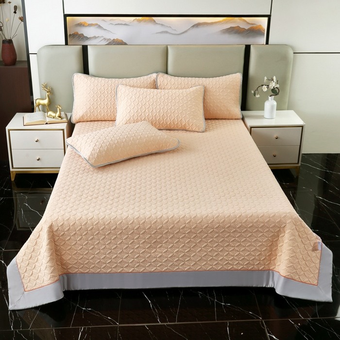 91家纺网 家纺一手货源 找家纺 OL家纺2025新款凉感丝夏被床盖款三件套 粉橘色