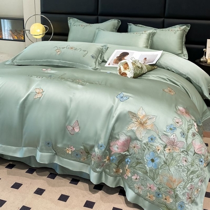 91家纺网 家纺一手货源 找家纺 爱家（原缔乐家纺） 2025新款雪莲天丝四件套-花开浪漫 花开浪漫-奶油绿