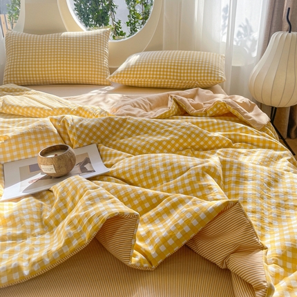 老帅的工厂店 2025新款云朵棉无印风格子夏被 黄小格