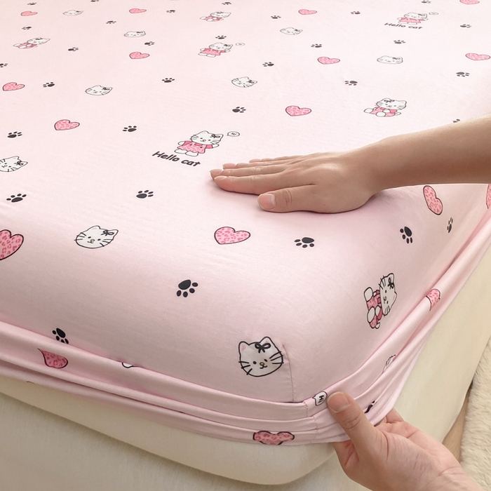 91家纺网 家纺一手货源 找家纺 鑫钰 2025新款全棉有氧双层纱床笠 心动猫