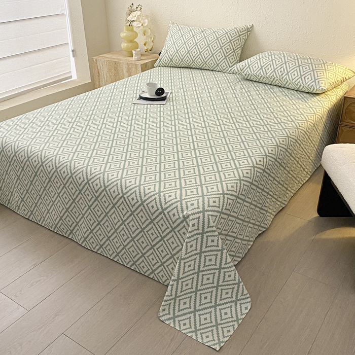 91家纺网 家纺一手货源 找家纺 鑫钰 2025新款老粗布床单床笠系列-格纹系列 菱格绿