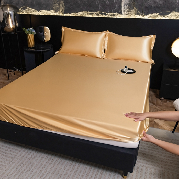 91家纺网 家纺一手货源 找家纺 梦舒羽2025新款防水冰丝纯色床笠凉爽柔顺床垫保护罩 防水冰丝床笠-金驼色