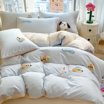 91家纺网 家纺一手货源 找家纺 （总）斯尔顿 2025年新款全棉四件套13372纯棉绣花三件套毛巾绣四件套学生套装NB熊系列