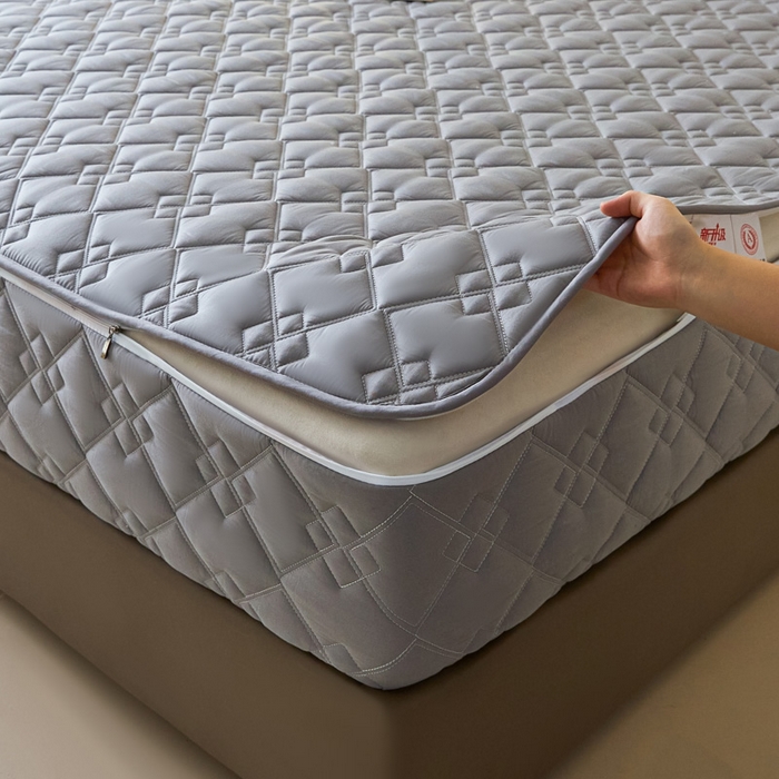 91家纺网 家纺一手货源 找家纺 鑫钰2025新款纯棉全棉六面全包床笠 四方格-全包床笠-灰色