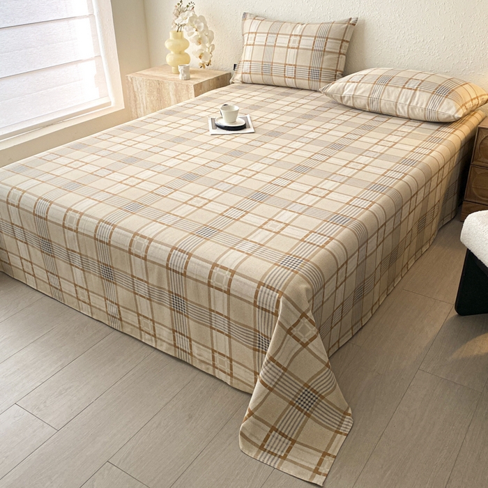 91家纺网 家纺一手货源 找家纺 鑫钰 2025新款老粗布床单床笠系列-格纹系列 格韵咖