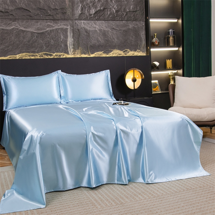 91家纺网 家纺一手货源 找家纺 梦舒羽 2025新款防水冰丝纯色床单凉爽柔顺宿舍双人床单 防水冰丝床单-天空蓝