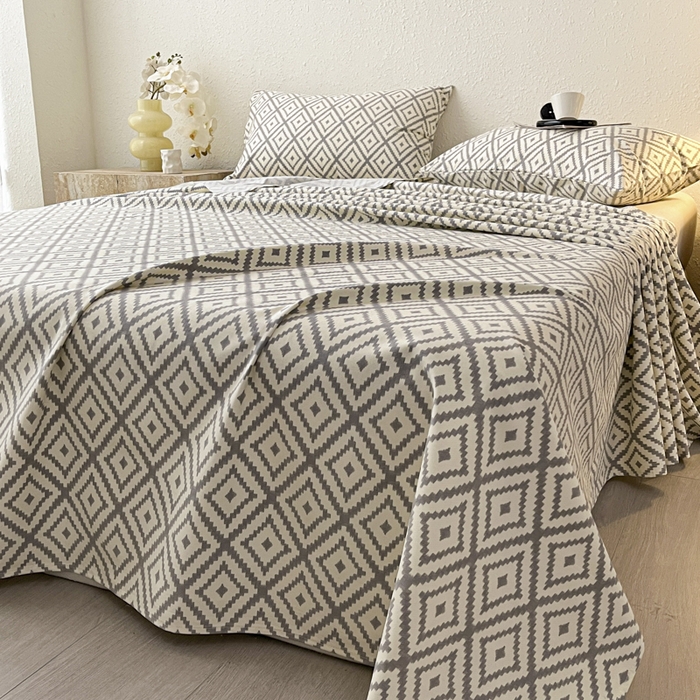 91家纺网 家纺一手货源 找家纺 鑫钰 2025新款老粗布床单床笠系列-格纹系列 菱格灰