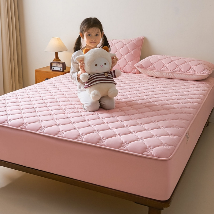 91家纺网 家纺一手货源 找家纺 鑫钰2025新款防水纯棉全棉夹棉床笠--四叶草白墙 四叶草-粉