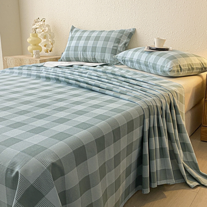 91家纺网 家纺一手货源 找家纺 鑫钰 2025新款老粗布床单床笠系列-格纹系列 青缇格