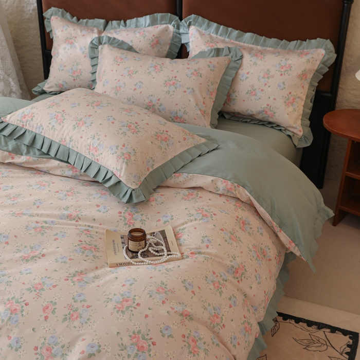 91家纺网 家纺一手货源 找家纺 简宜2025新款荷叶双层纯棉边四件套 春日花语-荷叶边