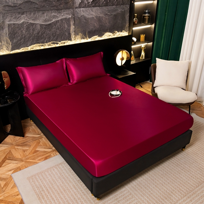 91家纺网 家纺一手货源 找家纺 梦舒羽2025新款防水冰丝纯色床笠凉爽柔顺床垫保护罩 防水冰丝床笠-酒红色