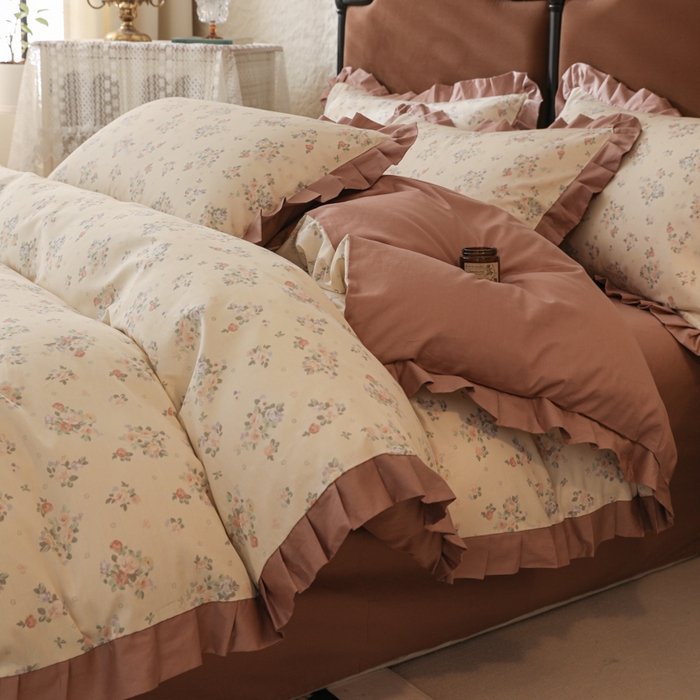 91家纺网 家纺一手货源 找家纺 简宜2025新款荷叶双层纯棉边四件套 晨光玫瑰-荷叶边