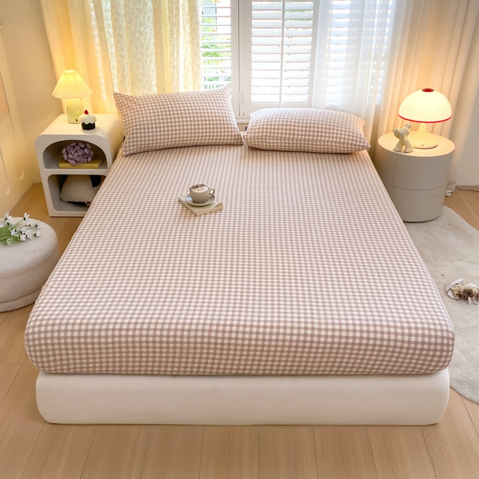 91家纺网 家纺一手货源 找家纺 鑫钰 2025新款全棉有氧双层纱床笠 格子咖