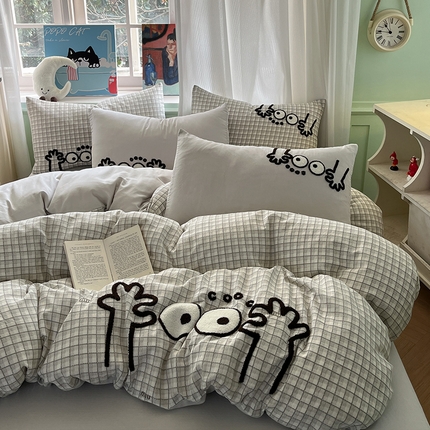 羚羊语家纺 2025新款A类全棉双层纱毛巾绣四件套100纯棉多层纱高克重小清新印花卡通皱皱纱三件套【含手提袋】 大眼睛-格调