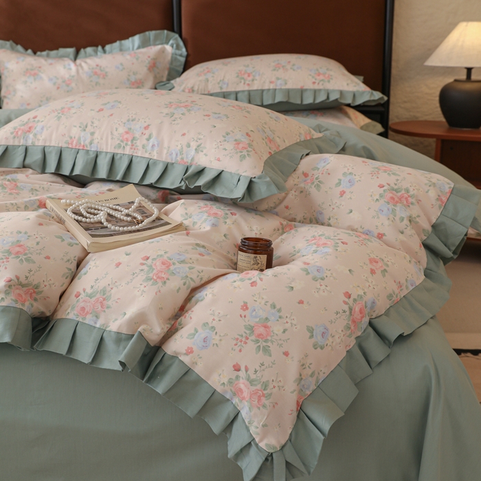 91家纺网 家纺一手货源 找家纺 简宜2025新款荷叶双层纯棉边四件套 春日花语-荷叶边