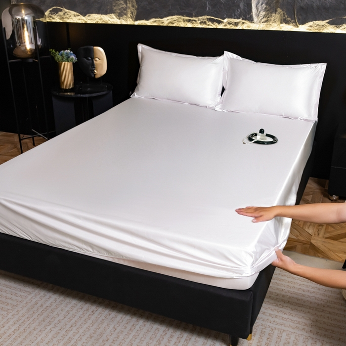 91家纺网 家纺一手货源 找家纺 梦舒羽2025新款防水冰丝纯色床笠凉爽柔顺床垫保护罩 防水冰丝床笠-光洁白