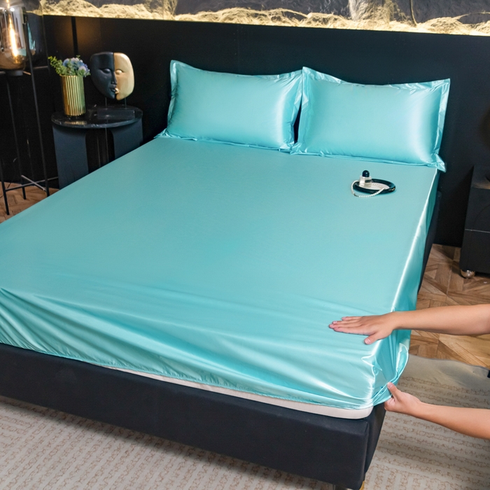 91家纺网 家纺一手货源 找家纺 梦舒羽2025新款防水冰丝纯色床笠凉爽柔顺床垫保护罩 防水冰丝床笠-水蓝色