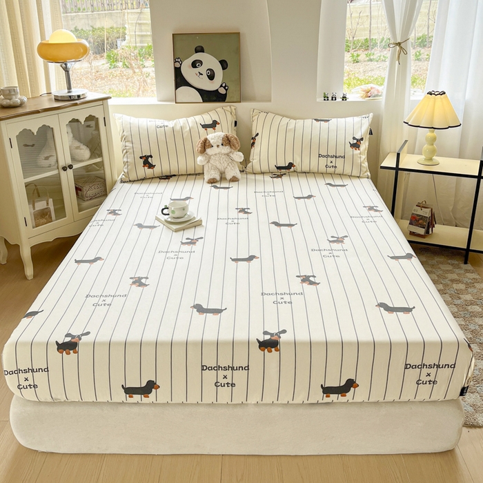 91家纺网 家纺一手货源 找家纺 鑫钰 2025新款纯棉老粗布单床笠-卡通系列 腊肠狗