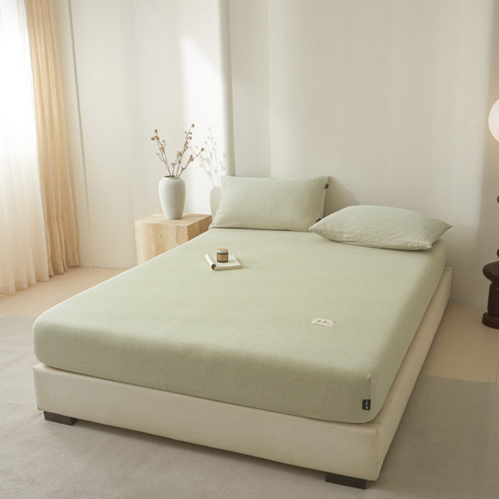 91家纺网 家纺一手货源 找家纺 鑫钰 2025新款A类全棉双棉皱皱纱床笠 淡雅绿