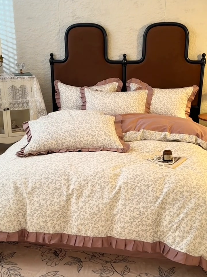 91家纺网 家纺一手货源 找家纺 简宜2025新款荷叶双层纯棉边四件套 晨光玫瑰-荷叶边