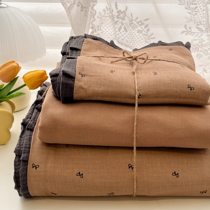 盼季家纺 2025新款A类法式小清新皱皱纱花边水洗棉床上四件套宿舍床笠三件套 皱皱纱花边-蝴蝶结咖