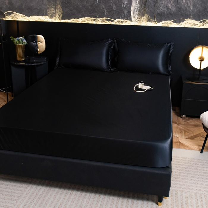 91家纺网 家纺一手货源 找家纺 梦舒羽2025新款防水冰丝纯色床笠凉爽柔顺床垫保护罩 防水款-尊贵黑