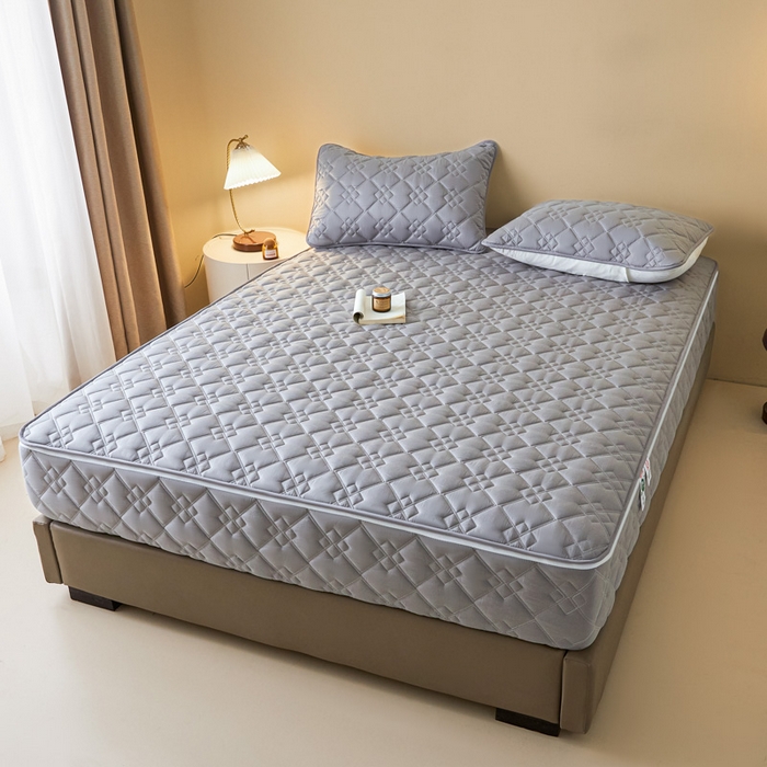 91家纺网 家纺一手货源 找家纺 鑫钰2025新款纯棉全棉六面全包床笠 四方格-全包床笠-灰色